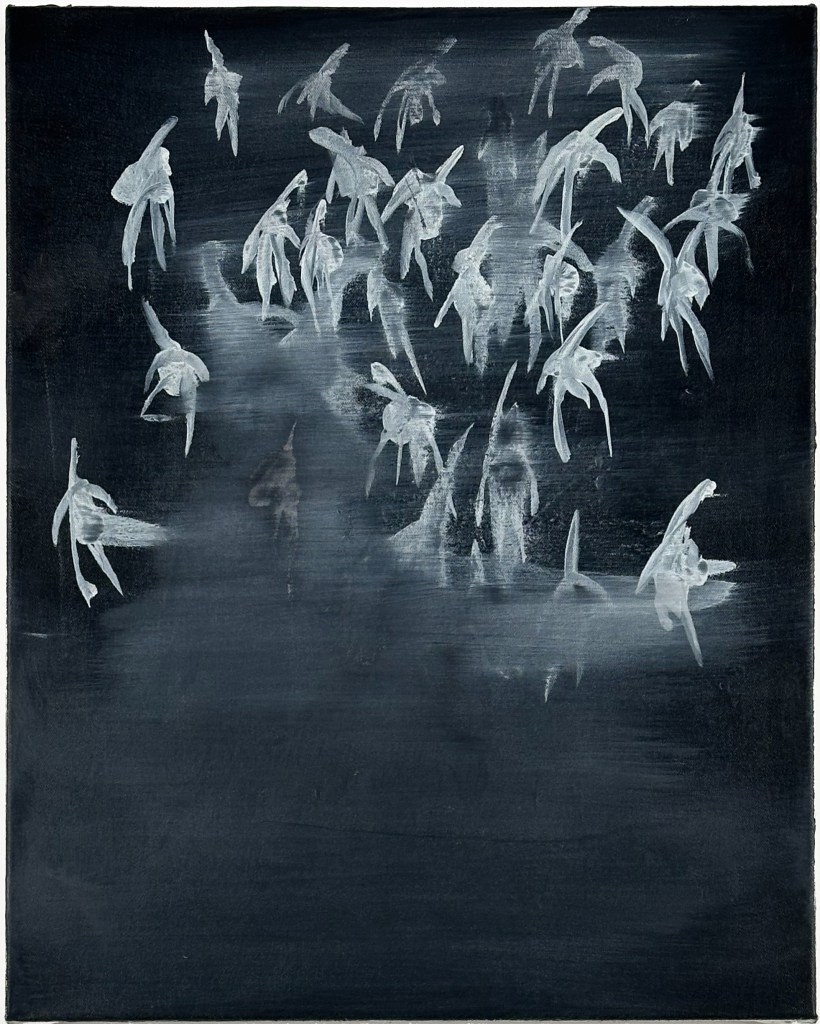 Painting by Chris Bell titled Orchids in Erased Night